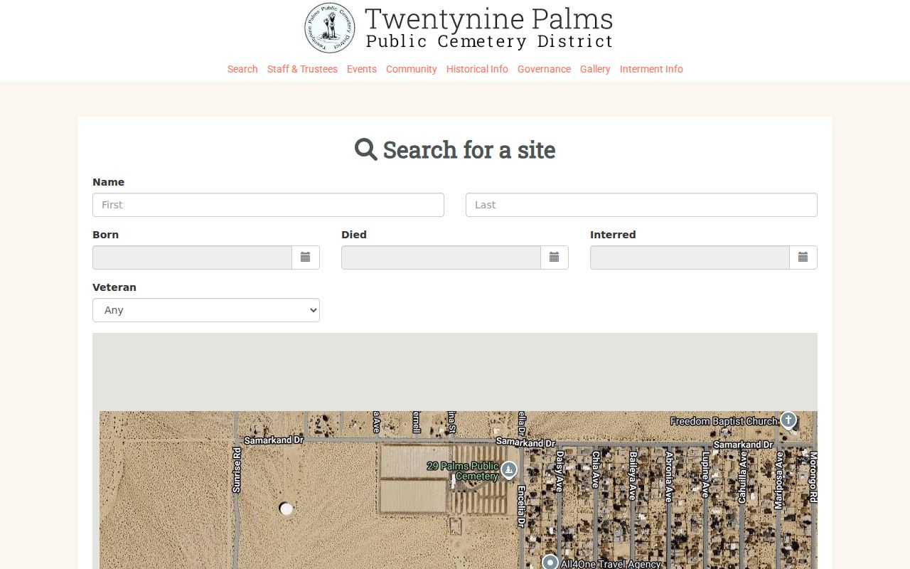 Twentynine Palms previous residents official cemetery interment search