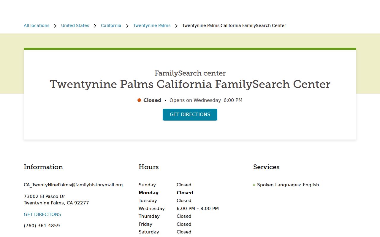Twentynine Palms previous residents FamilySearch Center