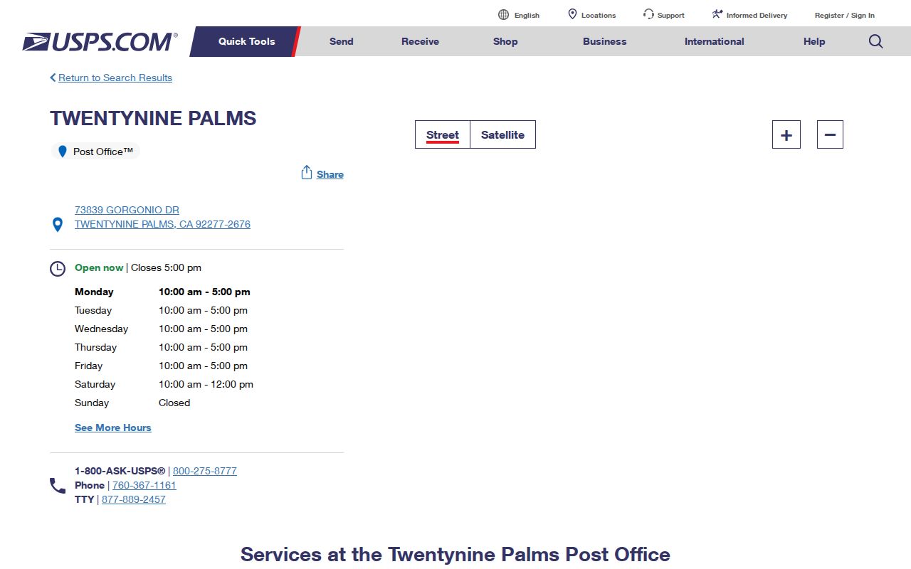 Twentynine Palms ZIP code directory USPS facility